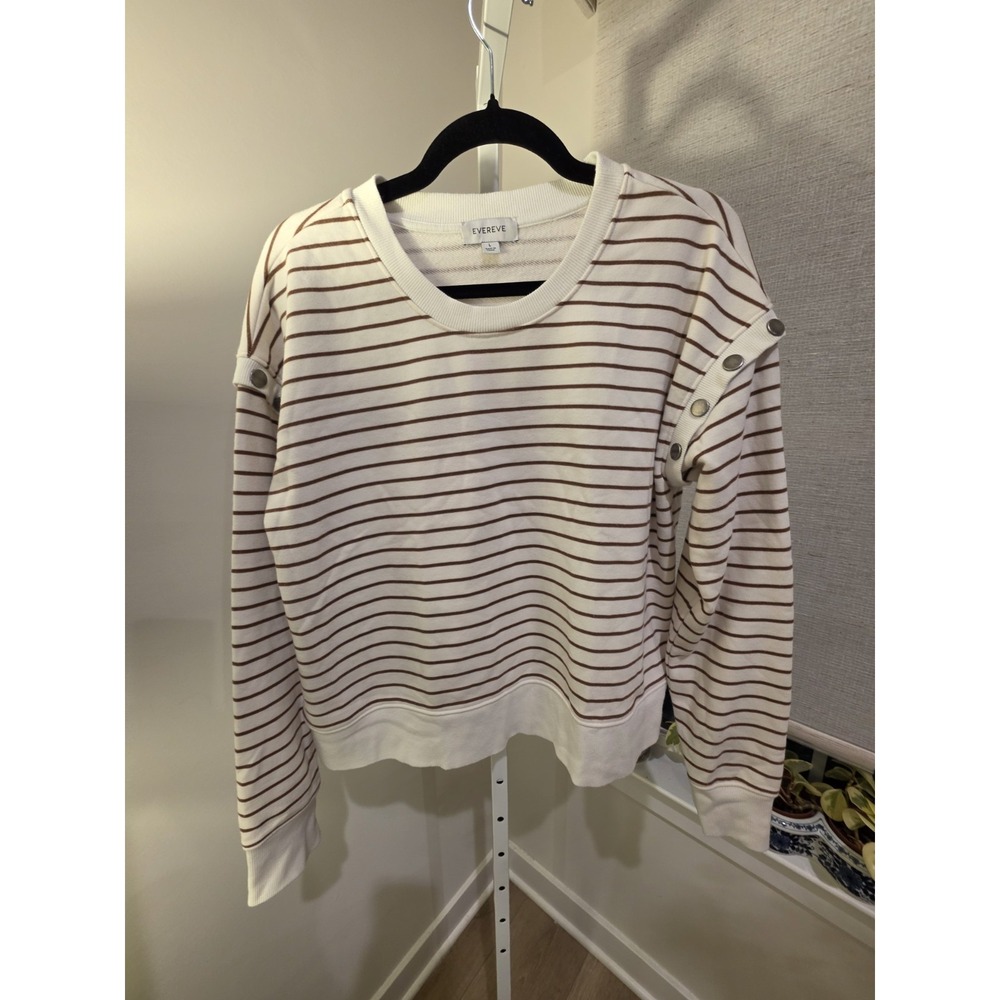 Evereve Womens L Striped Snap Shoulder Sweatshirt Cream Brown Preppy Nautical - Picture 14 of 14